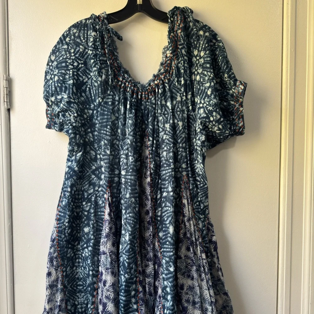 Free People Jet Set Mini Dress Blue Indigo Boho Off Shoulder Abstract